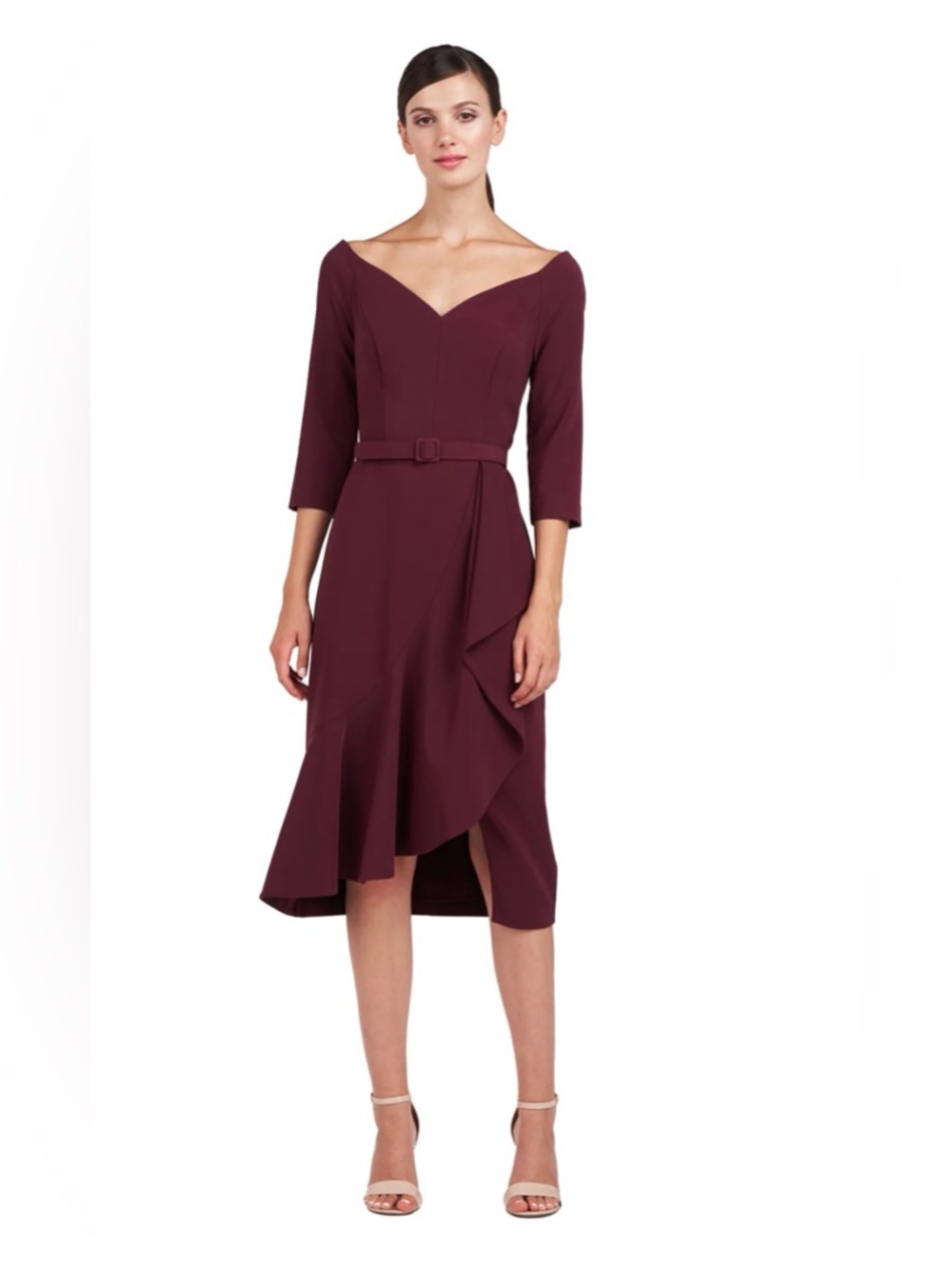 Kay Unger Molasses/Burgundy Izzy Ruffle Side Slit Midi Dress 10 $278